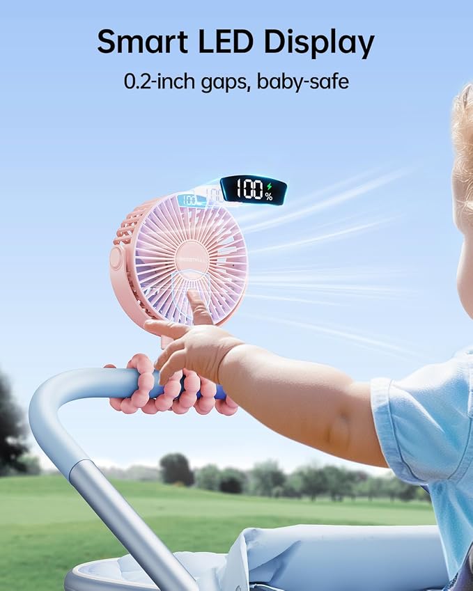 Portable Stroller Fan with LED Display, 4 Speed Rechargeable Mini Clip On Fan, 360° Rotate Flexible Tripod Better Cooling