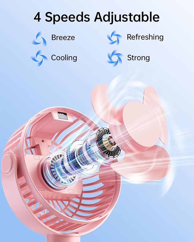 Portable Stroller Fan with LED Display, 4 Speed Rechargeable Mini Clip On Fan, 360° Rotate Flexible Tripod Better Cooling