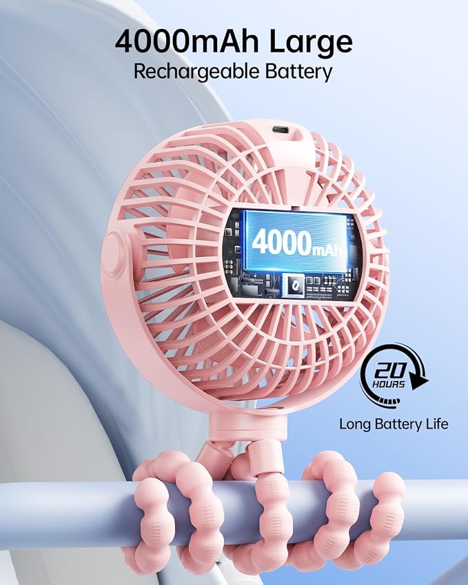Portable Stroller Fan with LED Display, 4 Speed Rechargeable Mini Clip On Fan, 360° Rotate Flexible Tripod Better Cooling