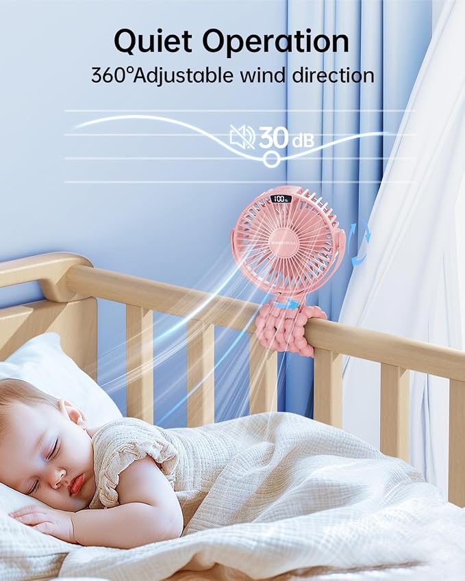 Portable Stroller Fan with LED Display, 4 Speed Rechargeable Mini Clip On Fan, 360° Rotate Flexible Tripod Better Cooling