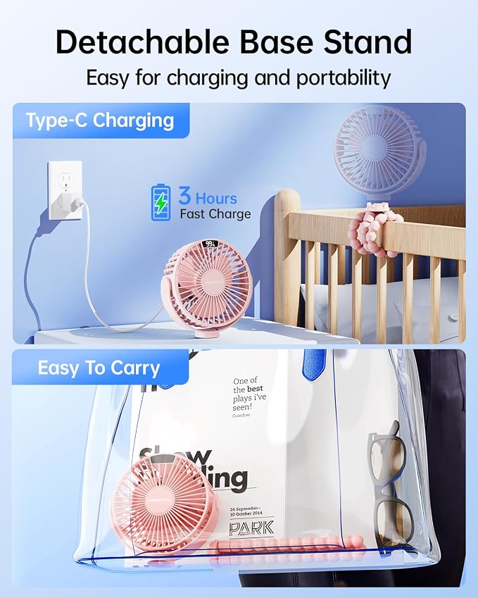 Portable Stroller Fan with LED Display, 4 Speed Rechargeable Mini Clip On Fan, 360° Rotate Flexible Tripod Better Cooling