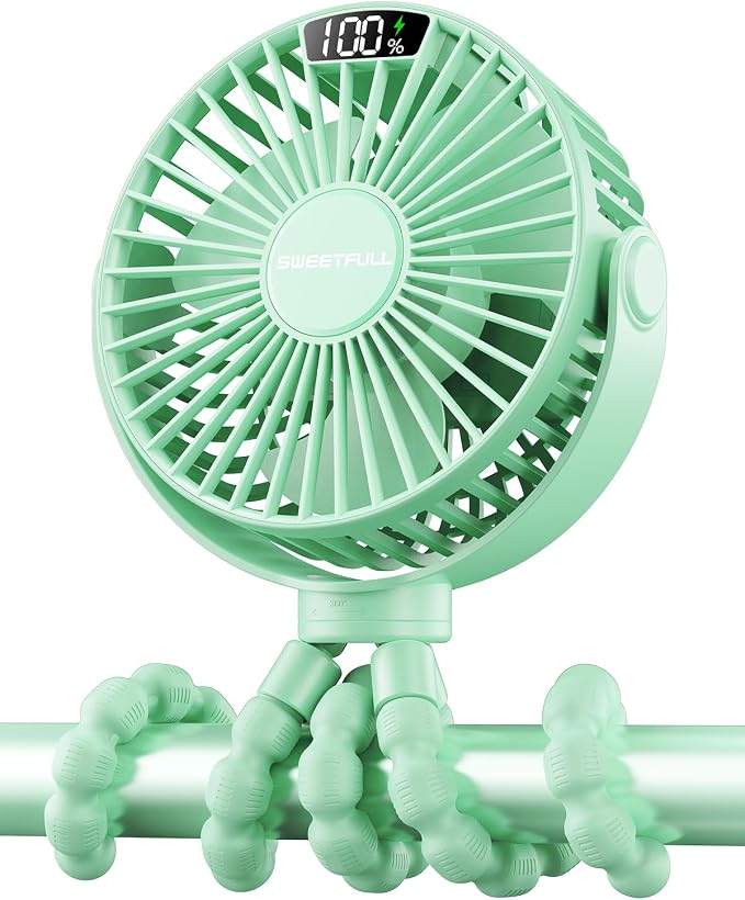 Portable Stroller Fan with LED Display, 4 Speed Rechargeable Mini Clip On Fan, 360° Rotate Flexible Tripod Better Cooling