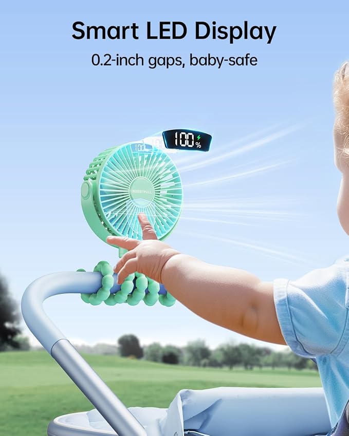 Portable Stroller Fan with LED Display, 4 Speed Rechargeable Mini Clip On Fan, 360° Rotate Flexible Tripod Better Cooling