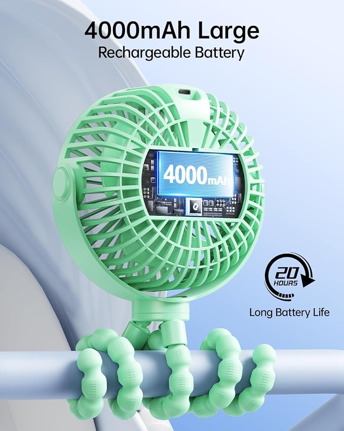 Portable Stroller Fan with LED Display, 4 Speed Rechargeable Mini Clip On Fan, 360° Rotate Flexible Tripod Better Cooling
