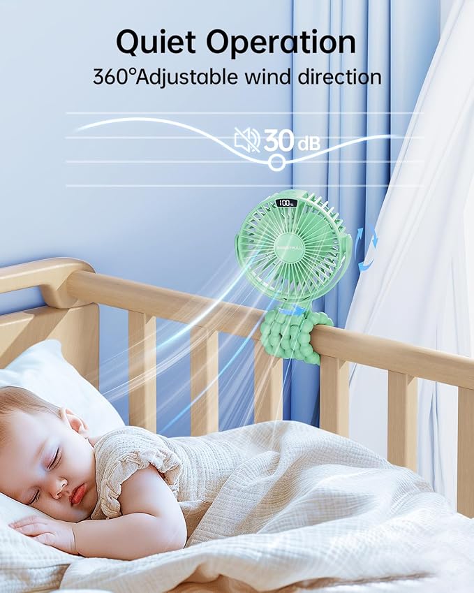 Portable Stroller Fan with LED Display, 4 Speed Rechargeable Mini Clip On Fan, 360° Rotate Flexible Tripod Better Cooling