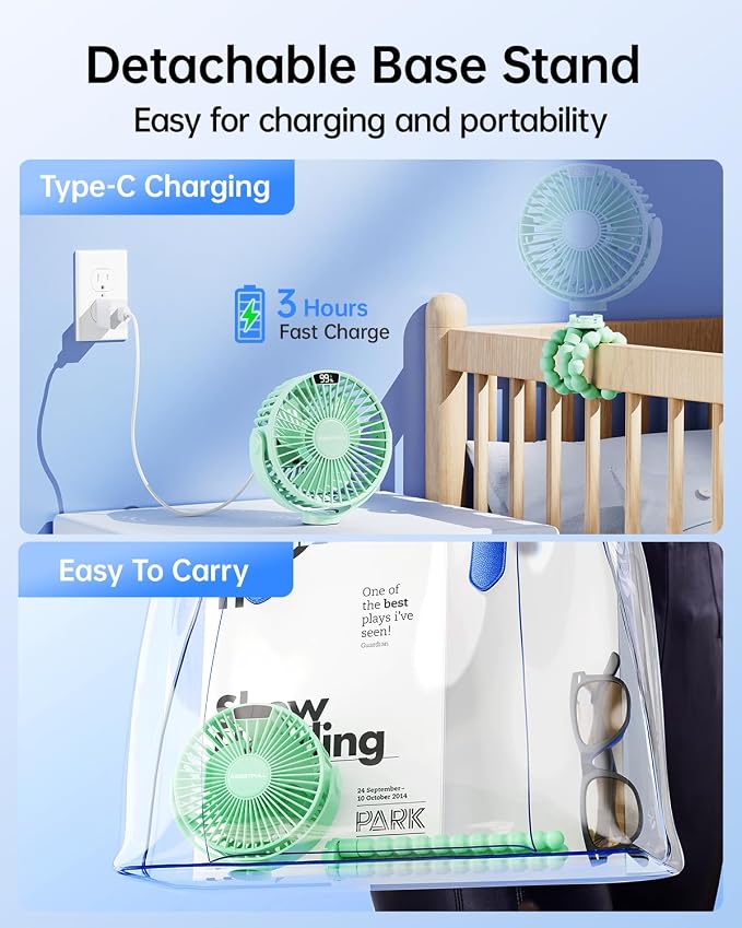 Portable Stroller Fan with LED Display, 4 Speed Rechargeable Mini Clip On Fan, 360° Rotate Flexible Tripod Better Cooling