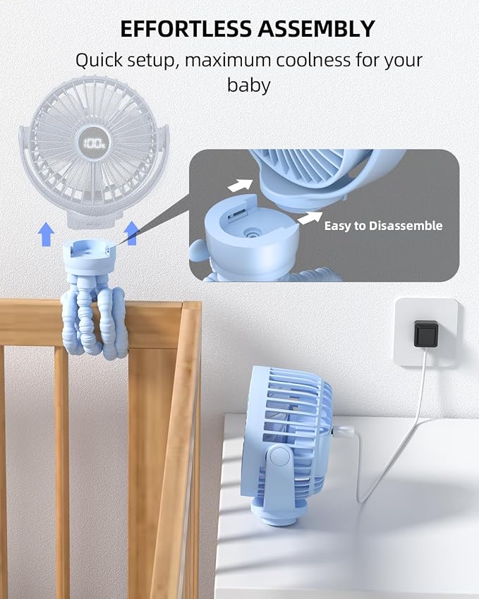 Portable Stroller Mini Fan, Small Rechargeable Personal Fan, Travel Essentials for Baby, Wagon, Car Seat, Treadmill, Battery