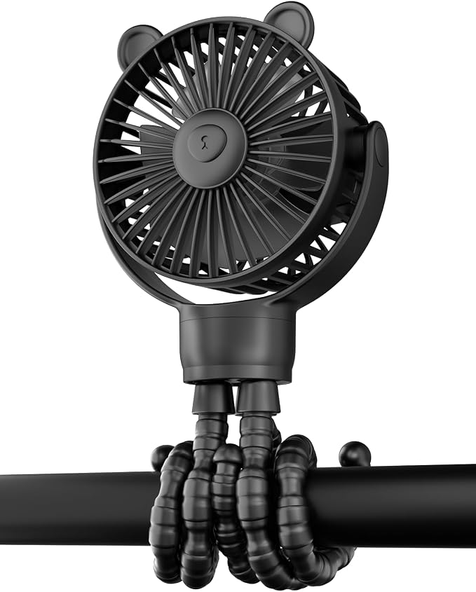 Portable Stroller Mini Fan, Small Rechargeable Personal Cooler w/ 360° Rotation, Baby Essentials for Car Seat