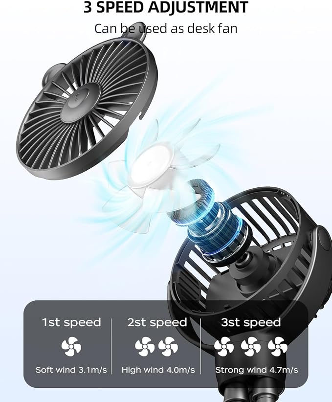 Portable Stroller Mini Fan, Small Rechargeable Personal Cooler w/ 360° Rotation, Baby Essentials for Car Seat, alternate view