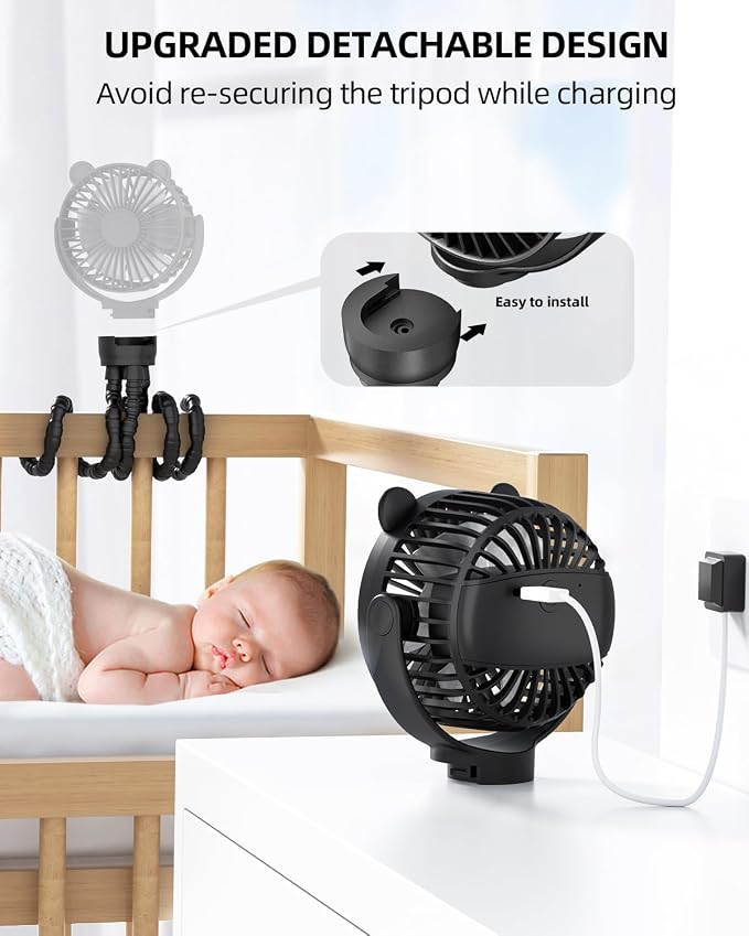 Portable Stroller Mini Fan, Small Rechargeable Personal Cooler w/ 360° Rotation, Baby Essentials for Car Seat, alternate view