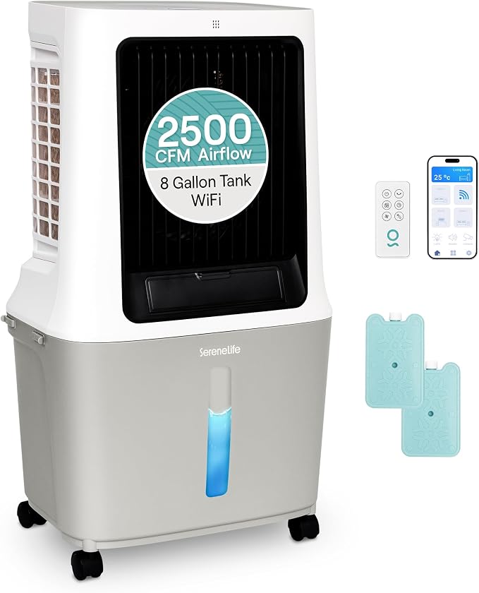 Portable Swamp Cooler Air Conditioner - 2500 CFM Airflow, 8 Gallon Water Tank Portable Evaporative Air Cooler for Room &