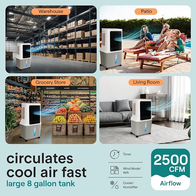 Portable Swamp Cooler Air Conditioner - 2500 CFM Airflow, 8 Gallon Water Tank Portable Evaporative Air Cooler for Room &