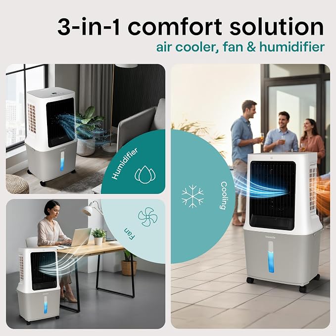 Portable Swamp Cooler Air Conditioner - 2500 CFM Airflow, 8 Gallon Water Tank Portable Evaporative Air Cooler for Room &