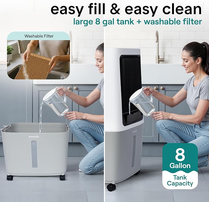 Portable Swamp Cooler Air Conditioner - 2500 CFM Airflow, 8 Gallon Water Tank Portable Evaporative Air Cooler for Room &