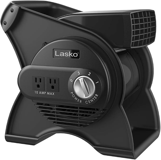 Portable Utility Fan, 12” 289 CFM Pivoting High Velocity Air Mover Blower Fan, 3 Speeds, 2 Accessory Outlets 120V, Black