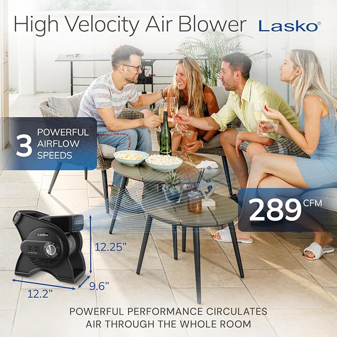 Portable Utility Fan, 12” 289 CFM Pivoting High Velocity Air Mover Blower Fan, 3 Speeds, 2 Accessory Outlets 120V, Black