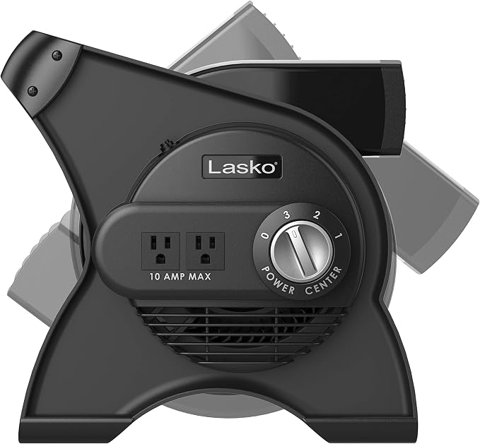 Portable Utility Fan, 12” 289 CFM Pivoting High Velocity Air Mover Blower Fan, 3 Speeds, 2 Accessory Outlets 120V, Black