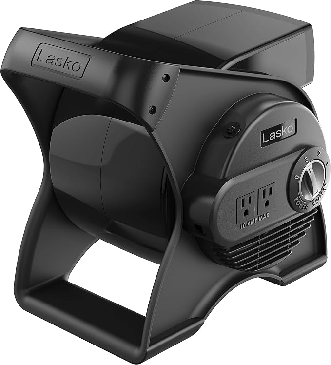 Portable Utility Fan, 12” 289 CFM Pivoting High Velocity Air Mover Blower Fan, 3 Speeds, 2 Accessory Outlets 120V, Black