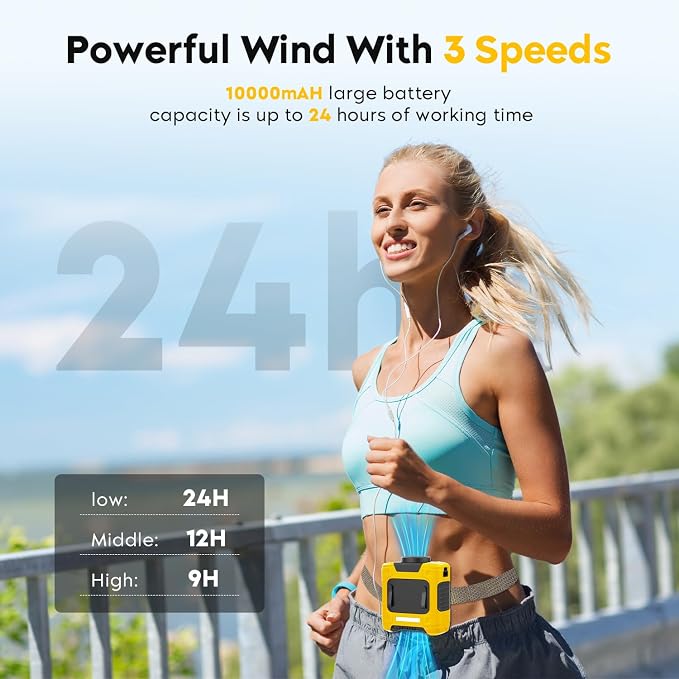 Portable Waist Fan 10000mAh Rechargeable Waist Clip Fan 18000RPM With Max 12H Working Time 3-speed adjustment with LED