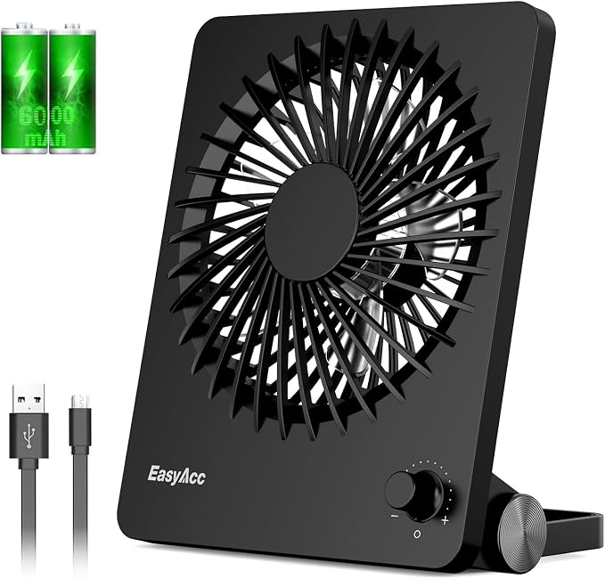 Powerful Desk Fan, 6000 Battery [Max 10-26H Working Time] Rechargeable Portable Personal Travel Fan with Step-less Speed