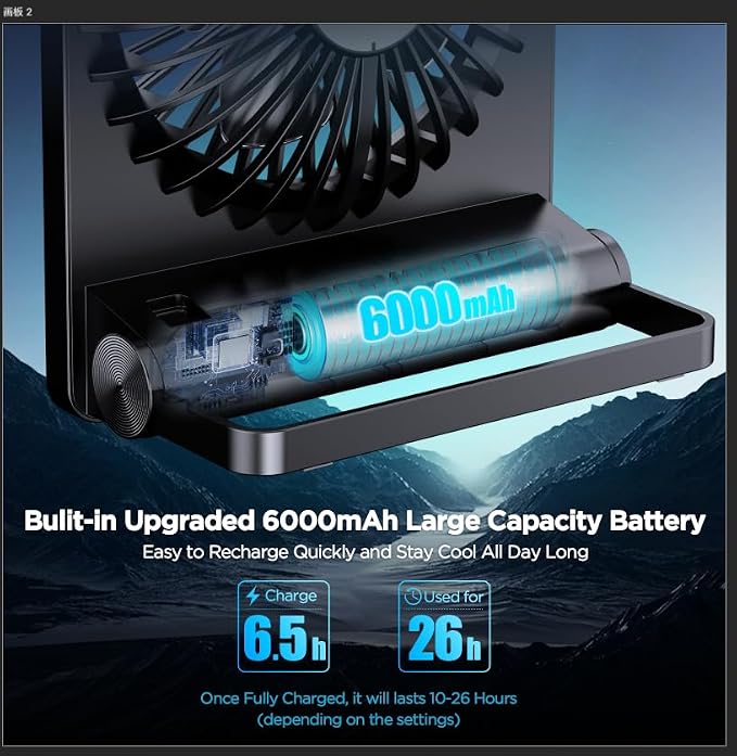 Powerful Desk Fan, 6000 Battery [Max 10-26H Working Time] Rechargeable Portable Personal Travel Fan with Step-less Speed
