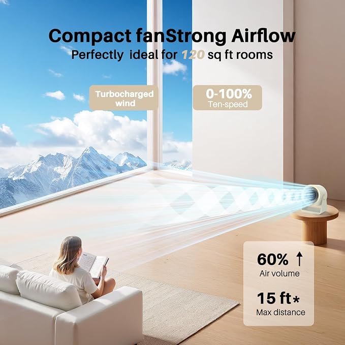 Powerful Desk Fan Utra-quiet for Bedroom, 15200mAh Small Turbo Bedside Fans for Cooling and Sleep, alternate product view 2