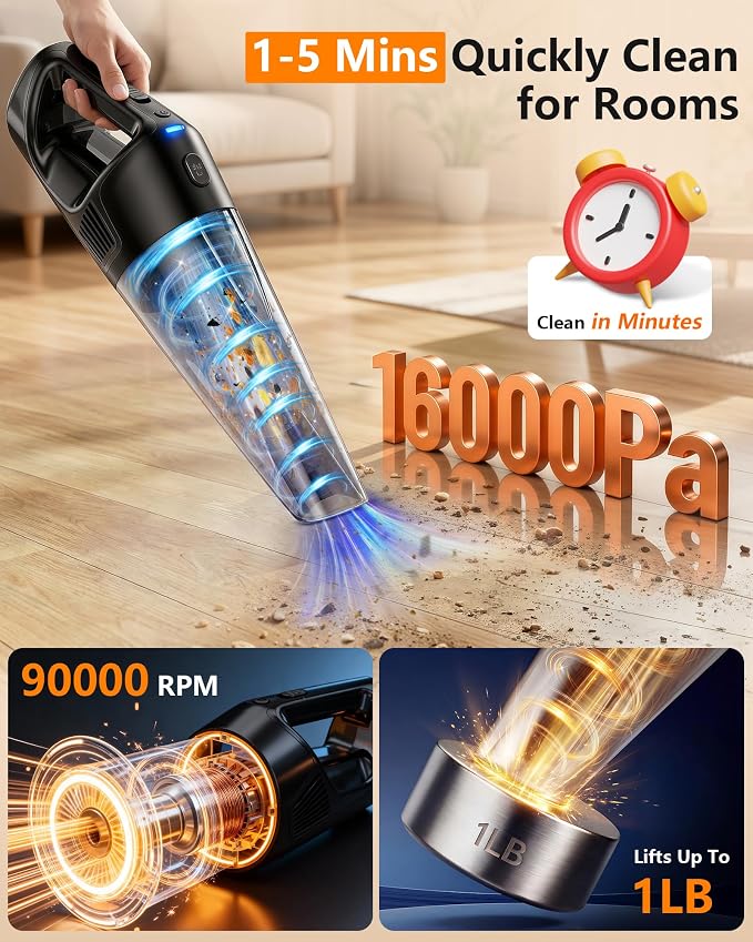PowerSpeed CleanView Portable Handheld Vacuum - 16000Pa Strong Suction Powerful with 1000mL Dust Cup and LED Light - Cordless