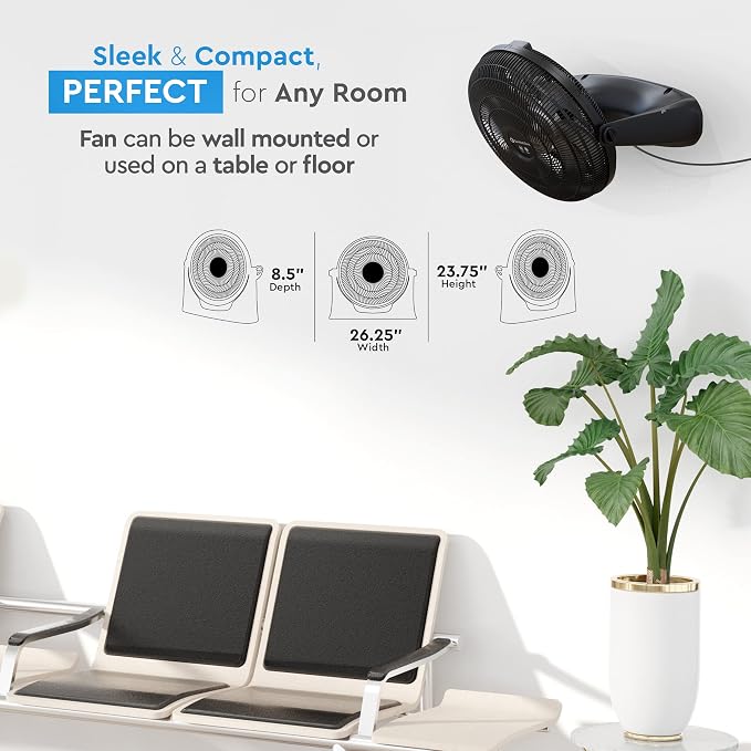 PowrCurve 20-Inch High-Velocity Floor Fan with Wall Mount, 3-Speed Fan with 180° Adjustable Tilt – Powerful Cooling for Home