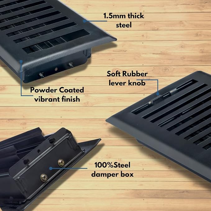 Precision Flow 4" x10" Steel Floor Register - Contemporary Design, Textured Black Finish - Premium Home Vent, alternate view