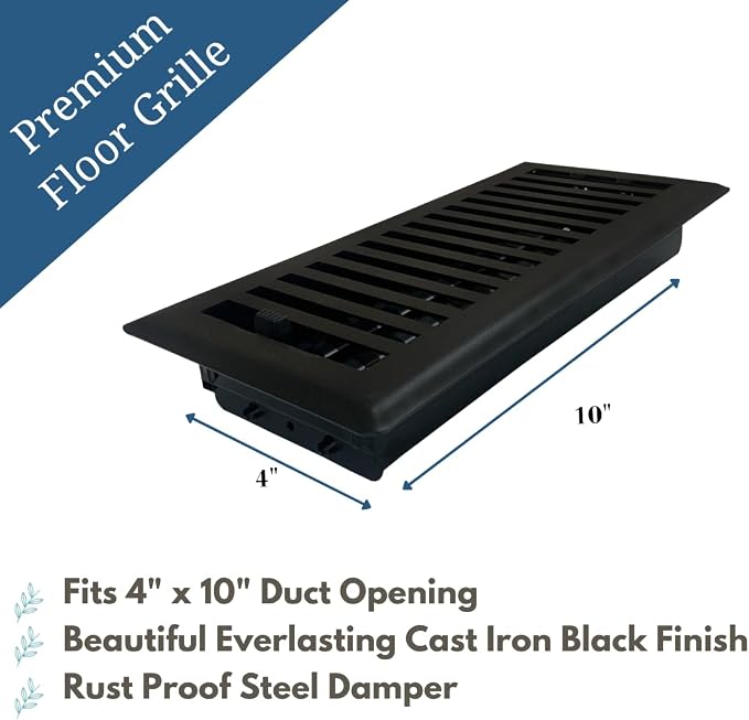 Precision Flow 4" x10" Steel Floor Register - Contemporary Design, Textured Black Finish - Premium Home Vent, alternate view