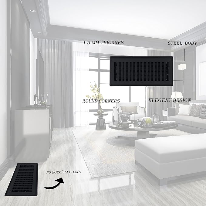Precision Flow 4" x10" Steel Floor Register - Contemporary Design, Textured Black Finish - Premium Home Vent, alternate view