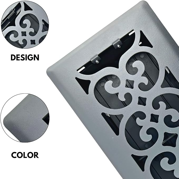 Precision Flow 4"x12" Steel Floor Register - Victorian Design, Granite Grey Finish - Premium Home Vent Covers, Durable &