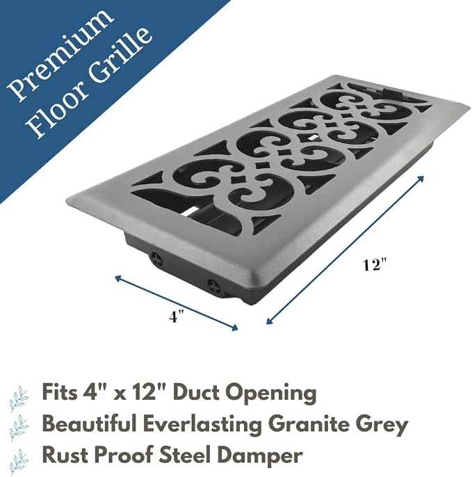 Precision Flow 4"x12" Steel Floor Register - Victorian Design, Granite Grey Finish - Premium Home Vent Covers, Durable &