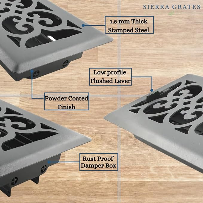 Precision Flow 4"x12" Steel Floor Register - Victorian Design, Granite Grey Finish - Premium Home Vent Covers, Durable &