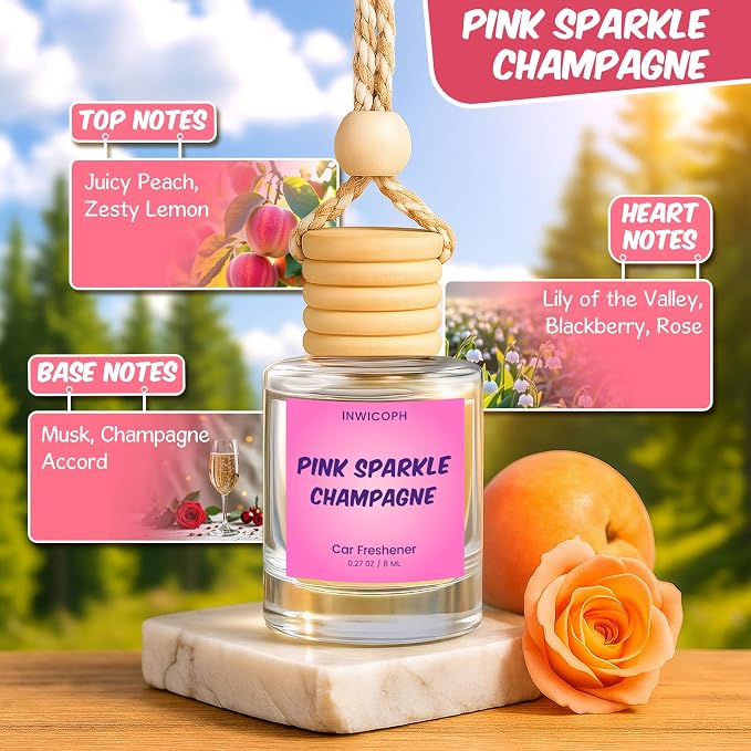 Premium Car Air Freshener Diffuser Set (2 Pack) - Pink Sparkle Champagne Fragrance Oil, 45+ Day Long-Lasting Hanging Auto