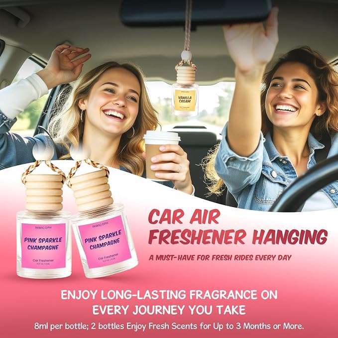 Premium Car Air Freshener Diffuser Set (2 Pack) - Pink Sparkle Champagne Fragrance Oil, 45+ Day Long-Lasting Hanging Auto