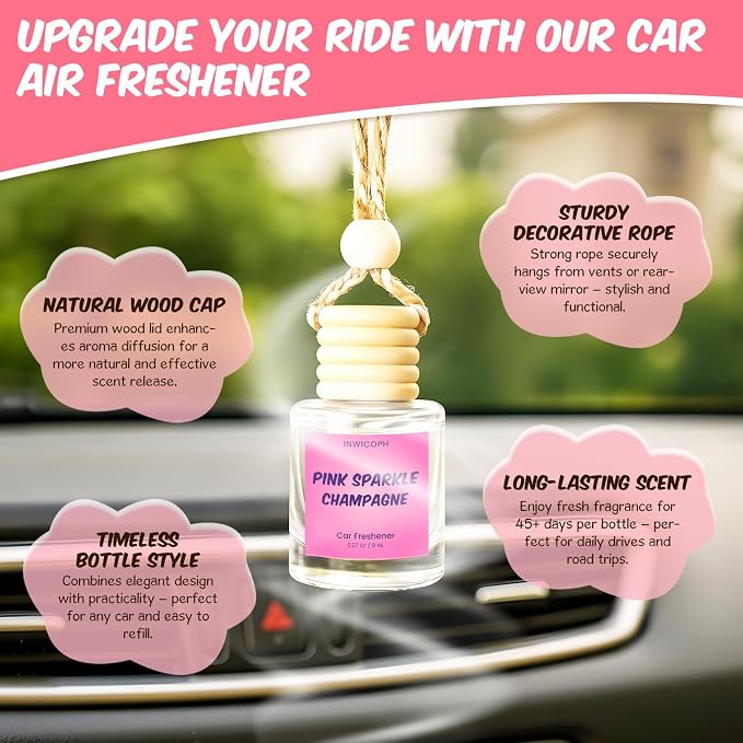 Premium Car Air Freshener Diffuser Set (2 Pack) - Pink Sparkle Champagne Fragrance Oil, 45+ Day Long-Lasting Hanging Auto