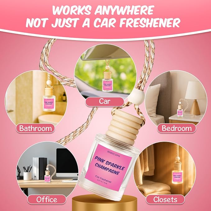 Premium Car Air Freshener Diffuser Set (2 Pack) - Pink Sparkle Champagne Fragrance Oil, 45+ Day Long-Lasting Hanging Auto