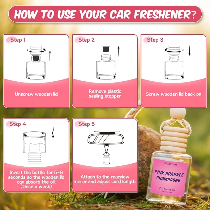 Premium Car Air Freshener Diffuser Set (2 Pack) - Pink Sparkle Champagne Fragrance Oil, 45+ Day Long-Lasting Hanging Auto