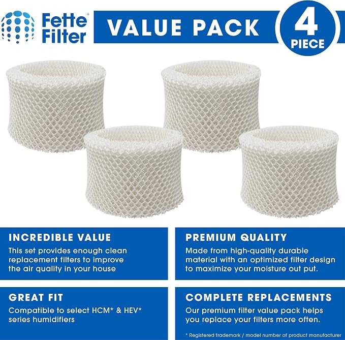 Premium Humidifier Filters Compatible With HAC-504, HAC-504AW & Filter A for Cool Mist Humidifiers (QTY 4)