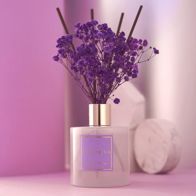 Premium Reed Diffuser Set with Preserved Baby's Breath & Cotton Stick Lavender Thyme | 6.76 Fl.oz Scent Diffuser for Bedroom