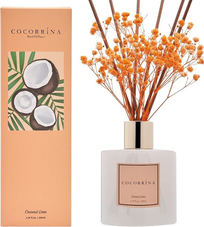 Premium Reed Diffuser Set with Preserved Baby's Breath & Cotton Stick Coconut Lime | 6.7oz Scent Fragrance Oil Diffuser for