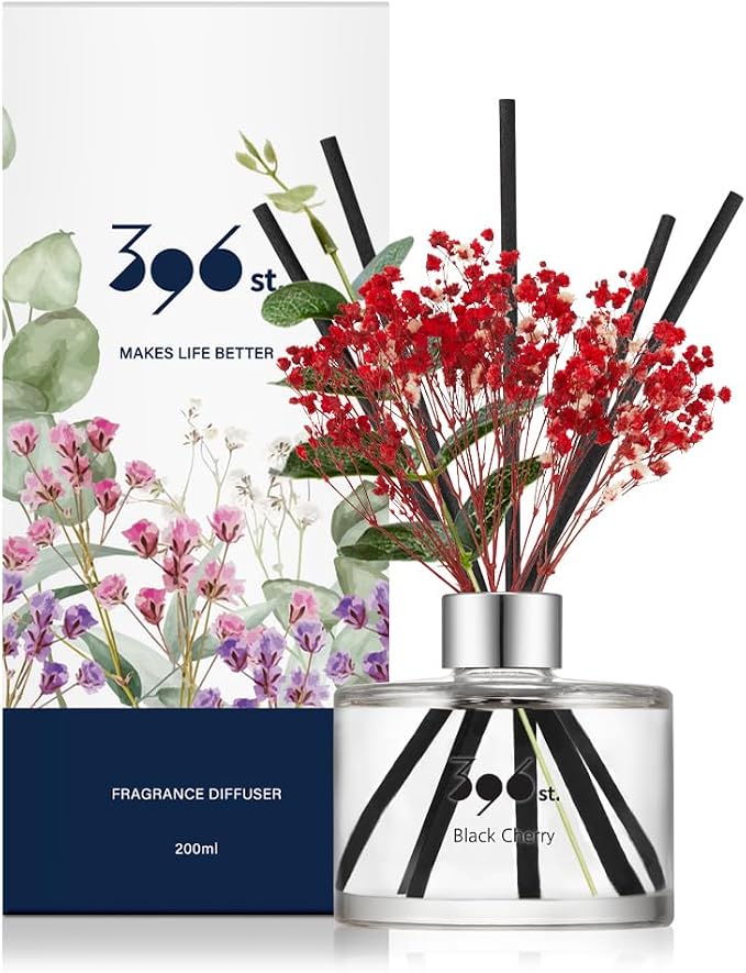 . Preserved Baby's Breath Flower Reed Diffuser, Black Cherry, 200ml(6.7oz) / Reed Diffuser Sets, Home Fragrance, Scented
