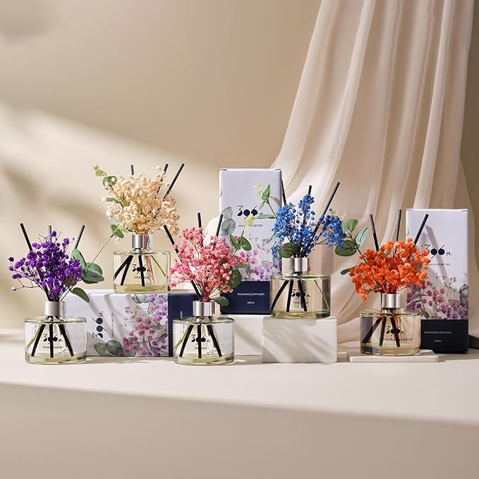 . Preserved Baby's Breath Flower Reed Diffuser, Black Cherry, 200ml(6.7oz) / Reed Diffuser Sets, Home Fragrance, Scented