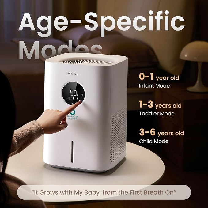 Pro Baby Evaporative Humidifier for Bedroom, MistFree & No White Dust, BPA-Free and 16dB Quiet Sleep for kids, 3 Age-Modes