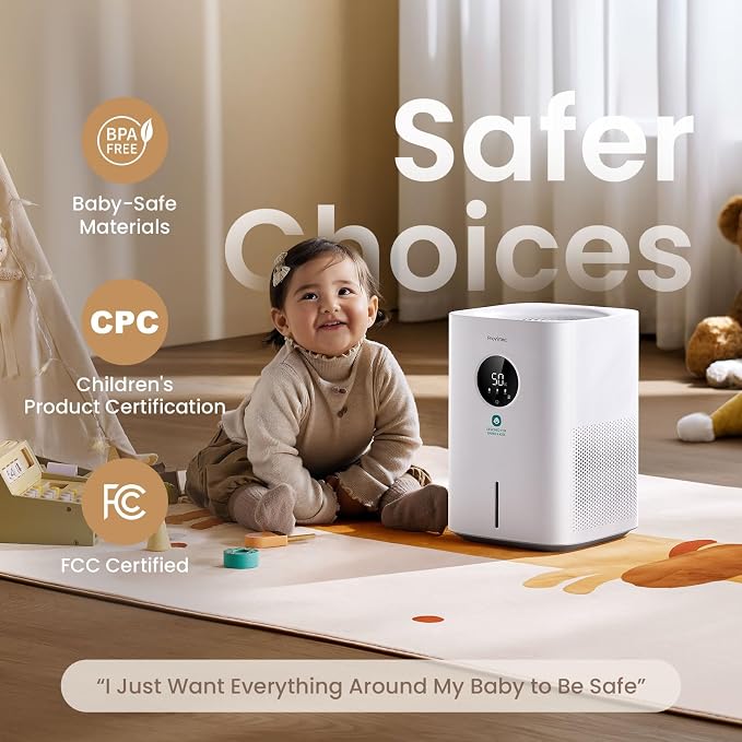 Pro Baby Evaporative Humidifier for Bedroom, MistFree & No White Dust, BPA-Free and 16dB Quiet Sleep for kids, 3 Age-Modes