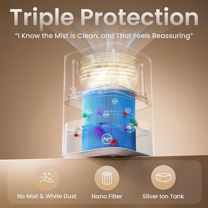 Pro Baby Evaporative Humidifier for Bedroom, MistFree & No White Dust, BPA-Free and 16dB Quiet Sleep for kids, 3 Age-Modes