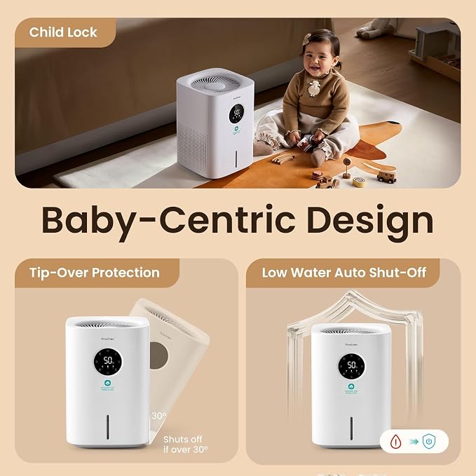 Pro Baby Evaporative Humidifier for Bedroom, MistFree & No White Dust, BPA-Free and 16dB Quiet Sleep for kids, 3 Age-Modes