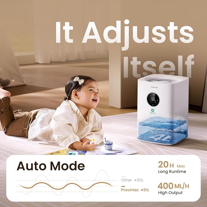 Pro Baby Evaporative Humidifier for Bedroom, MistFree & No White Dust, BPA-Free and 16dB Quiet Sleep for kids, 3 Age-Modes