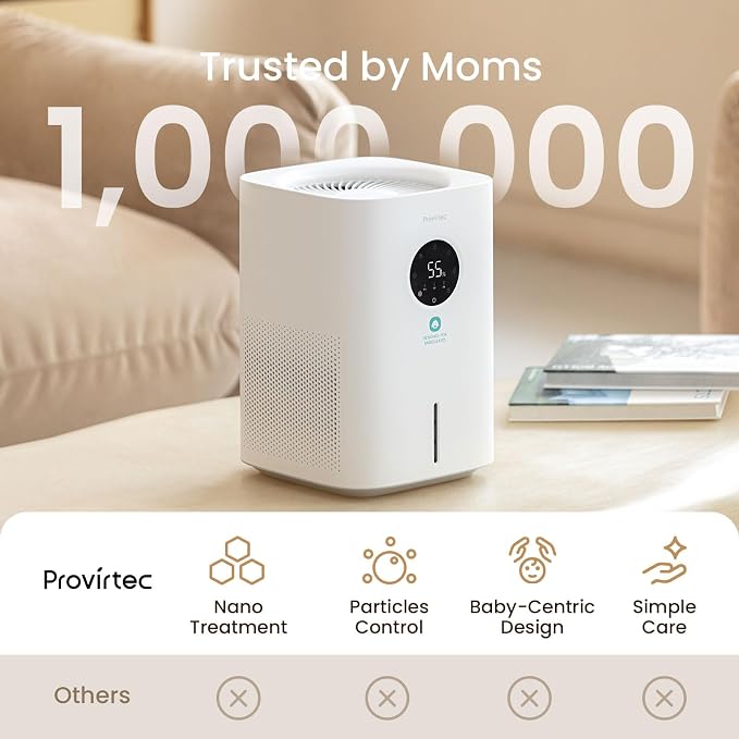 Pro Baby Evaporative Humidifier for Bedroom, MistFree & No White Dust, BPA-Free and 16dB Quiet Sleep for kids, 3 Age-Modes